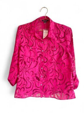 Notations Fuchsia Sheer Burnout Blouse – Button Front Floral Swirl Top (NWT)